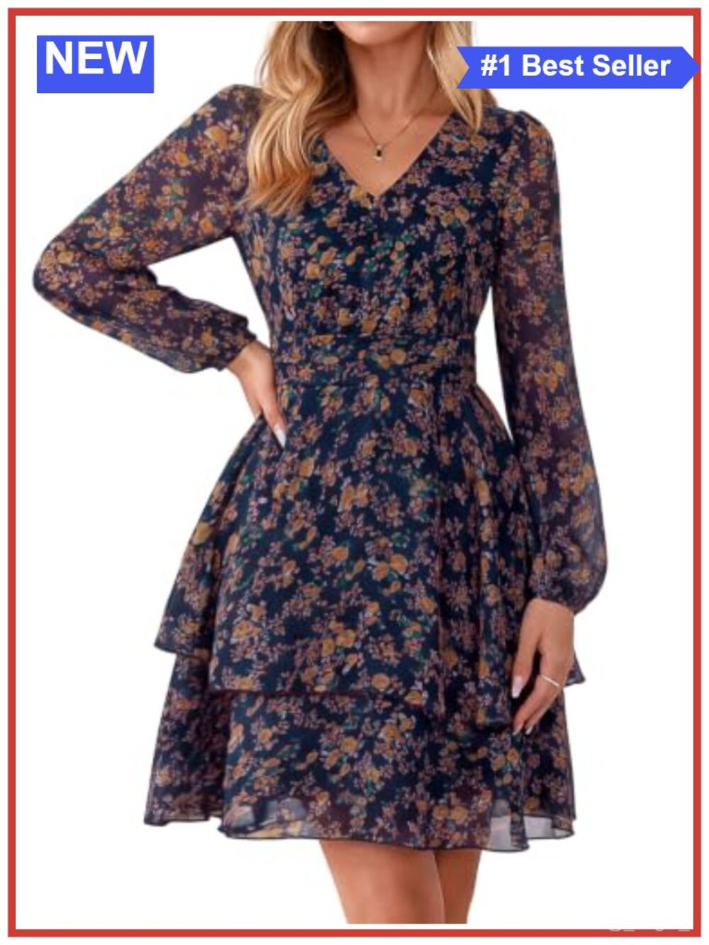 Floral Chiffon A-Line Mini Dress Long Sleeve V-Neck Tiered Wedding Guest